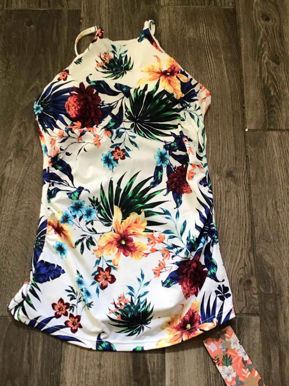 Hapari White Tropical Floral Halter Swim Tank